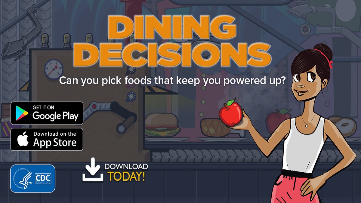 A graphic titled "Dining Decisions" with an illustration of a woman holding an apple in front of a food conveyor belt. Logos for Google Play and Apple Store on the right with text that says Download today! 