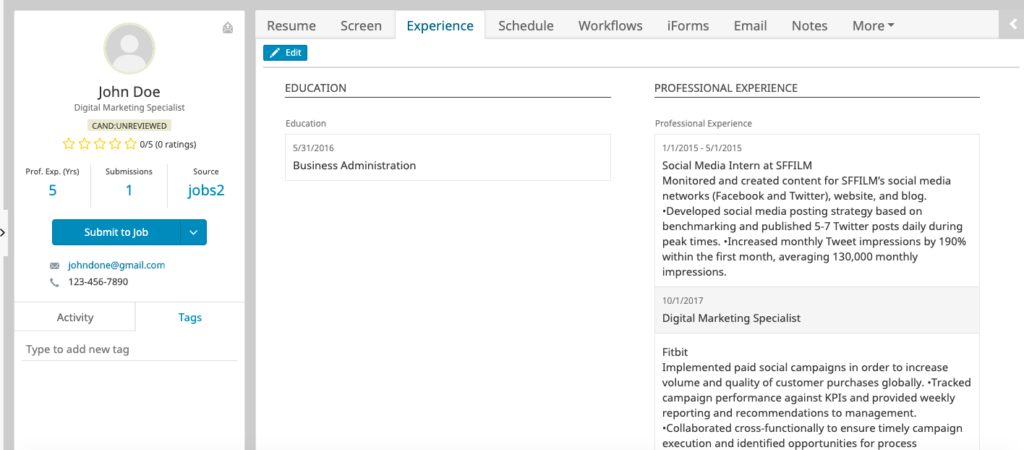 iCIMS parsing education and work experience