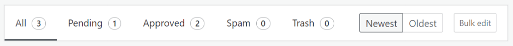 Screenshot showing the options at the top of the comments screen: All, Pending, Approved, Spam, Trash, Newest, Oldest, and Bulk Edit.