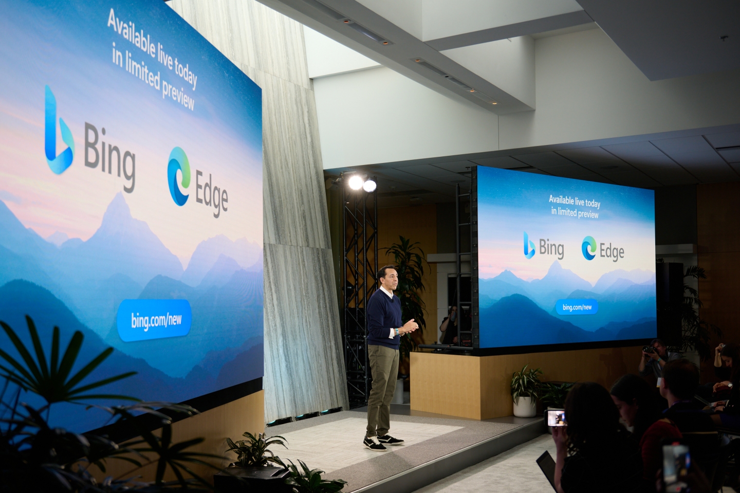 Yusuf Mehdi, a vice president at Microsoft, speaks during a February event at the company's headquarters.