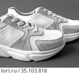 Two white women's leather sneakers on a gray background. Стоковое фото, фотограф Володина Ольга / Фотобанк Лори