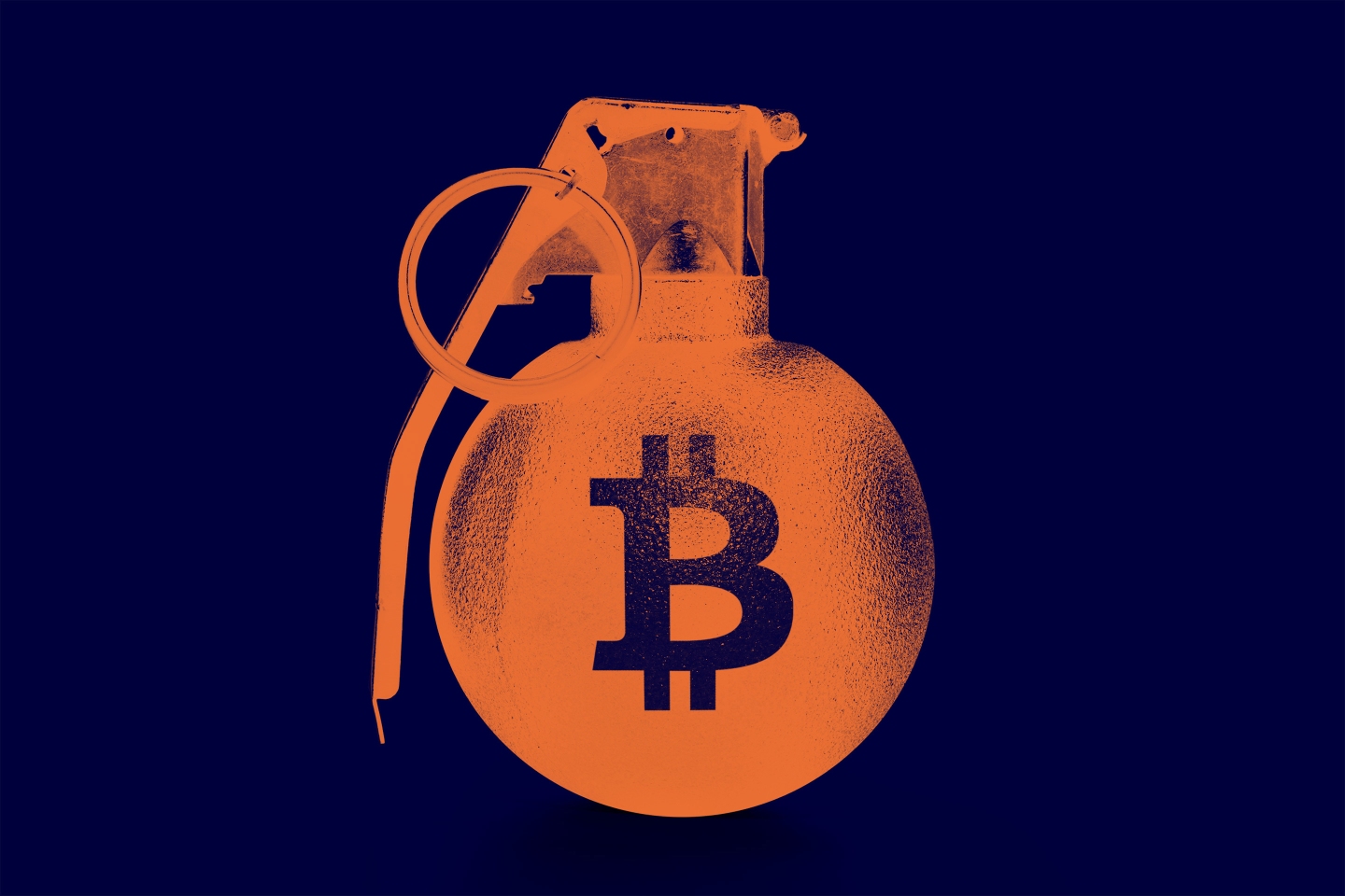 Illustration of a grenade with a Bitcoin symbol painted on it.