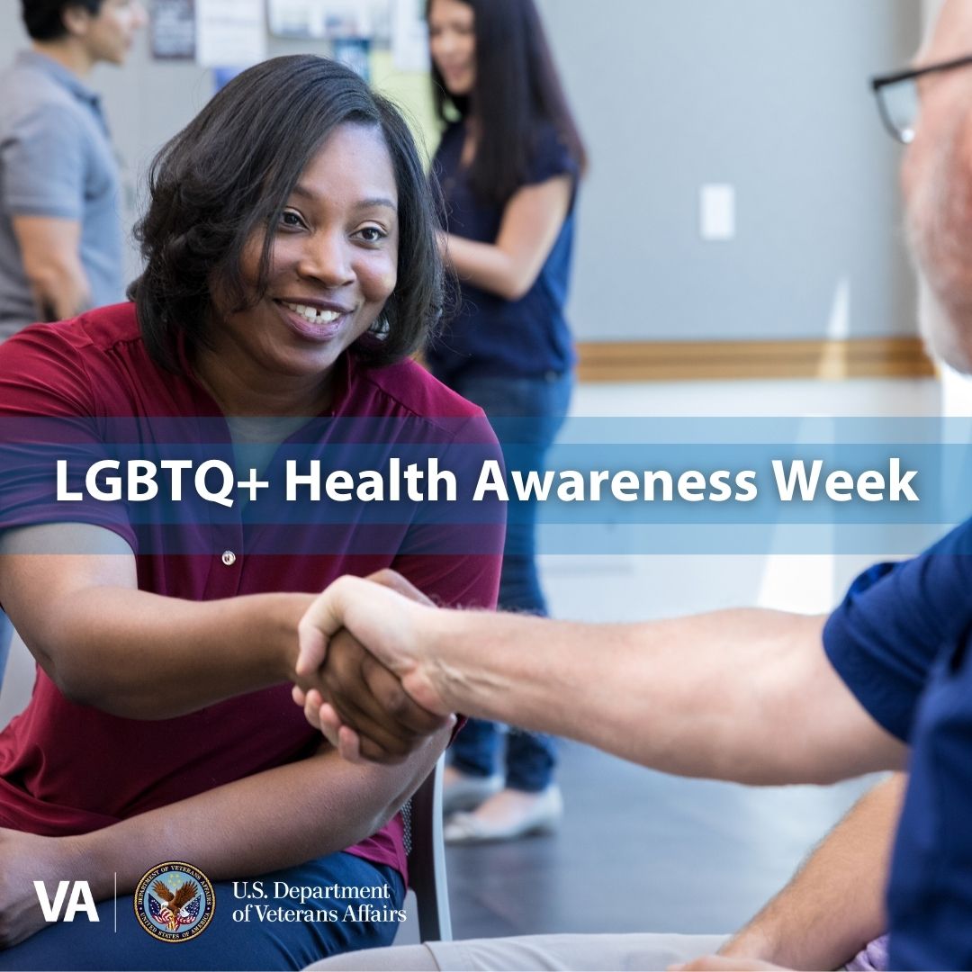 Woman shaking hands with a man. Text overlay reads LGBTQ+ Health Awareness Week.