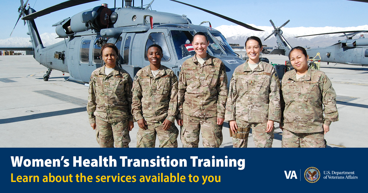 Five Airmen deployed to the 83rd Expeditionary Rescue Squadron pose for a photo in front of a HH-60 Pave Hawk rescue helicopter at Bagram Airfield, Afghanistan, March 18, 2014. Words below read, "Women's Health Transition Training".
