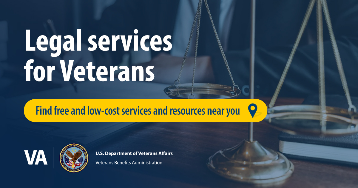 The scales of justice are pictured behind the text "Legal Services for Veterans" and "Find free and low-cost services and resources near you"