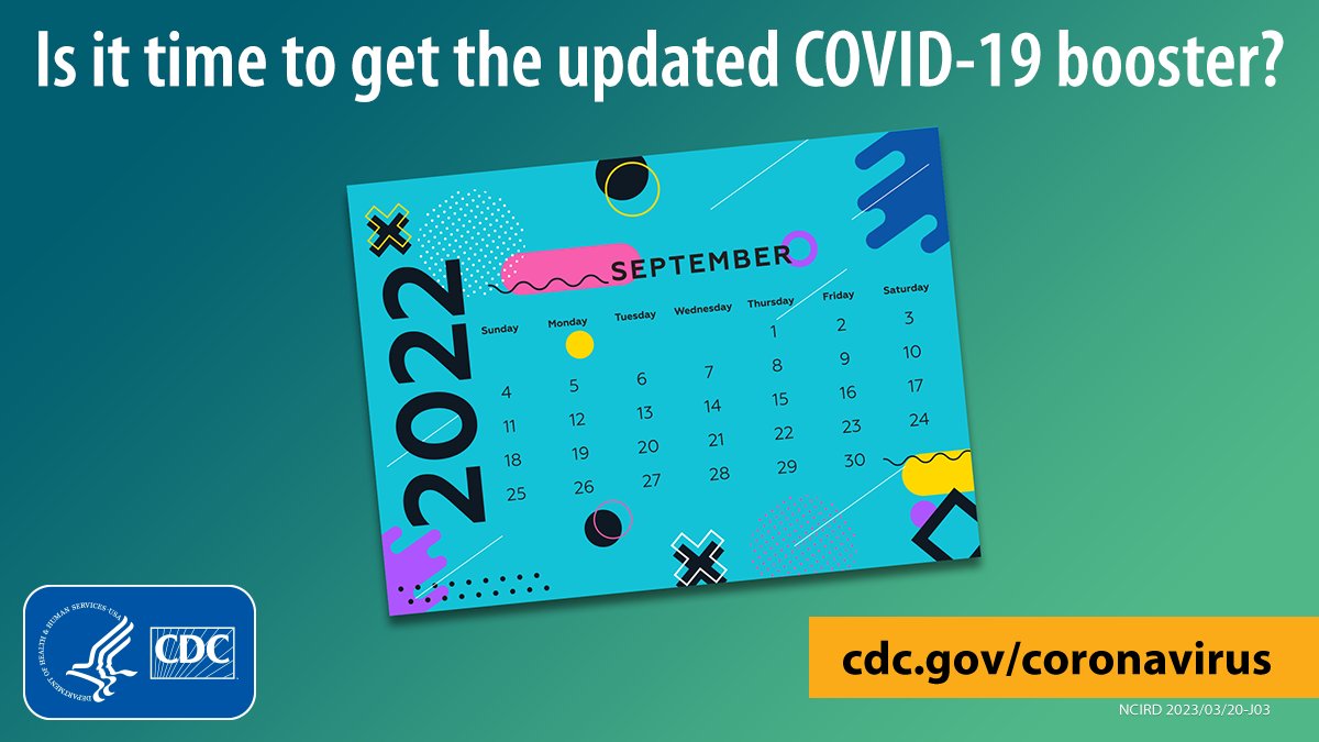 Header text says, Is it time to get the updated COVID-19 booster? A September 2022 calendar is displayed with text overlay cdc.gov/coronavirus. Graphic is branded with CDC and HHS logos.