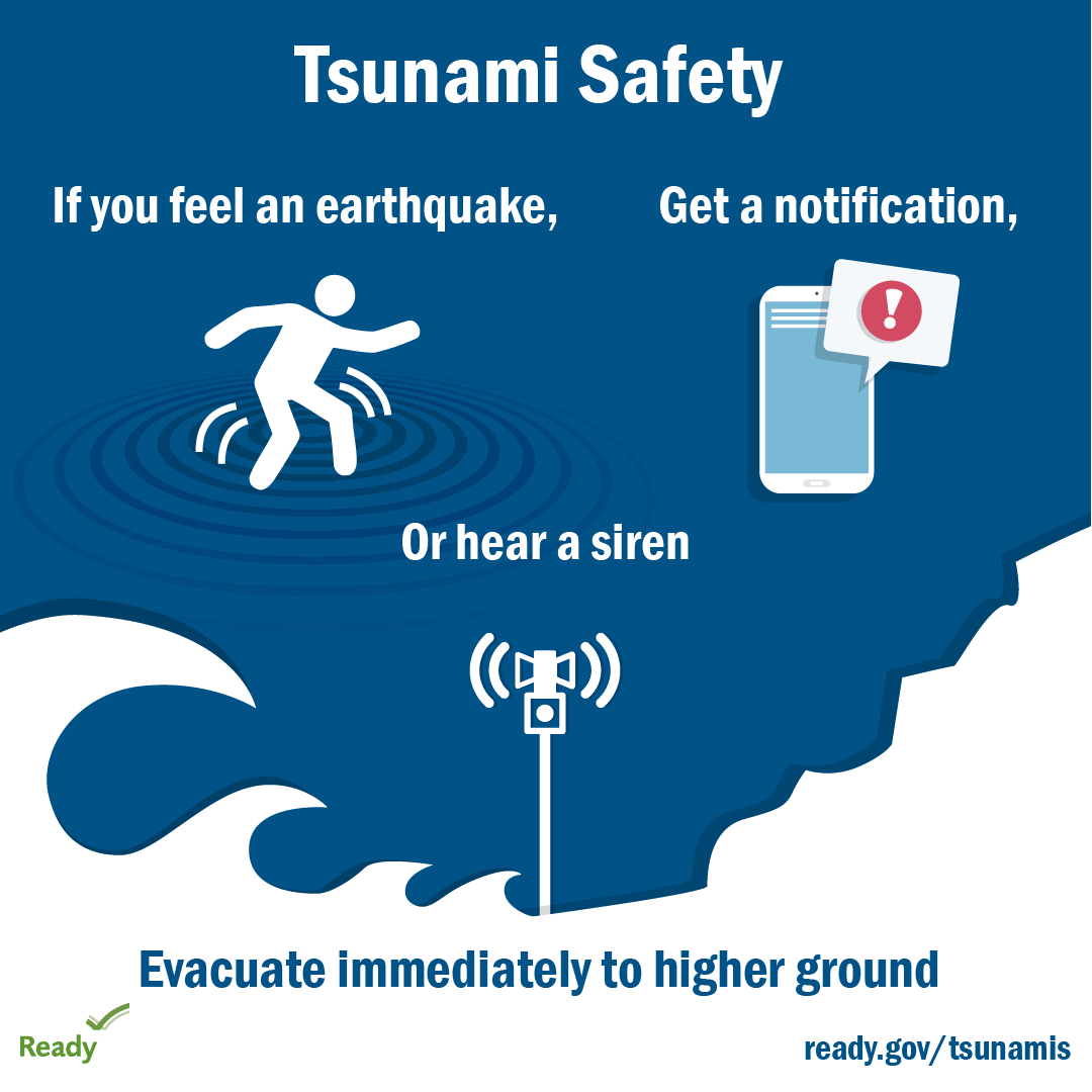 Tsunami Safety: If you feel an earthquake, get a notification, or hear a siren, evacuate immediately to higher ground.