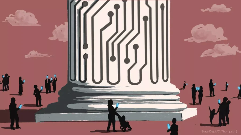 Illustration of people looking at phones while walking past a column with circuitry imprinted