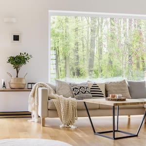 A contemporary living room with laminate flooring