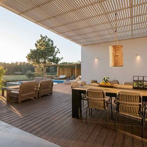 A view of a sunny wooden deck