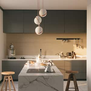 A modern kitchen with marble countertop in a sunny morning