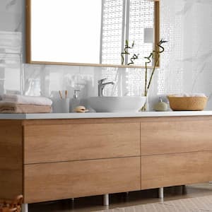 A large bathroom with a wooden vanity