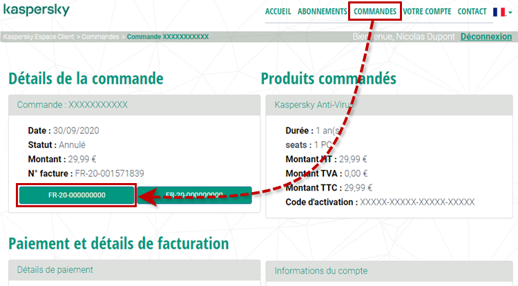 Consulter la facture sur l'espace client de Nexway