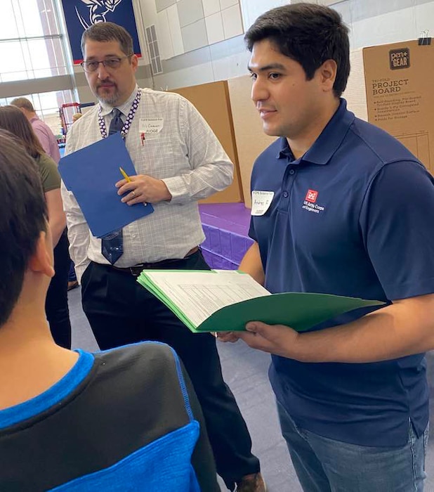 The Transatlantic Middle East District supports local STEM events whenever possible through STEM-focused team members who help judges entered projects. The 2023 Frederick County Public Schools Science Fair was held Feb. 3, at the local Shenandoah University events center and two USACE engineers, Andres Restrepo and Matt Moore, were our ambassadors.