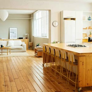 The interior of an open space living room and kitchen