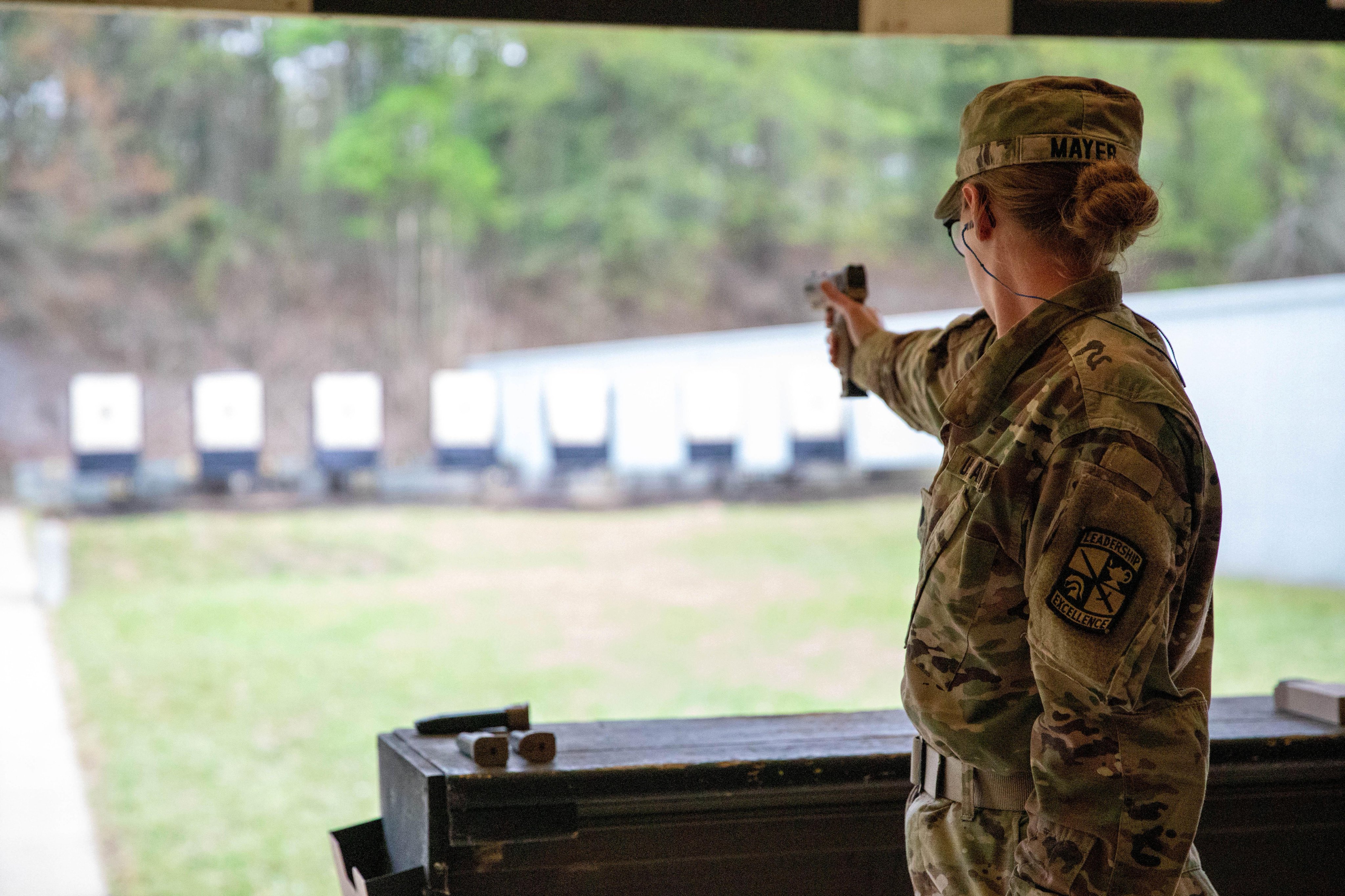 Cadet Jesse Mayer, with Texas A&M Reserve Officers' Training Corps, competes in the Bullseye Pistol Match at the 2023 U.S. Army Small Arms Championships at Fort Benning, Georgia March 12-18. 