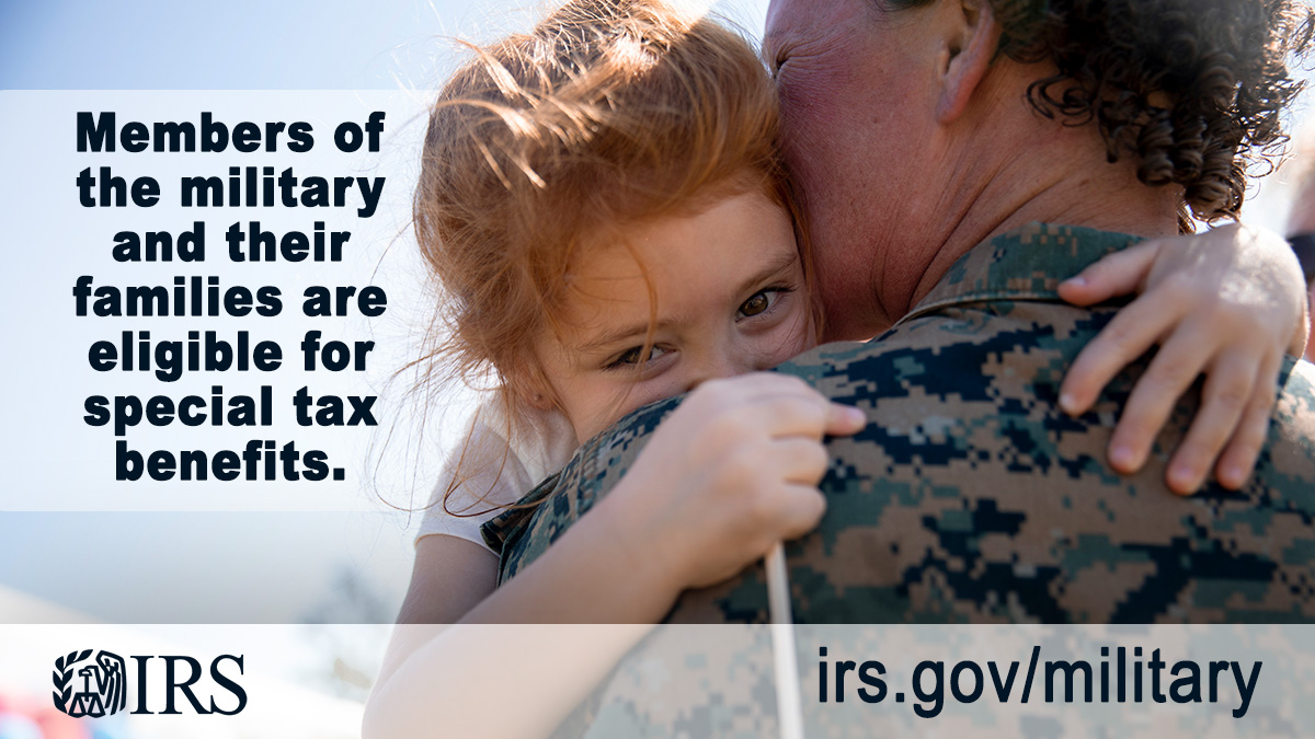 Young girl embracing her Marine mother while holding a small American flag. Text: ‘Members of the military and their families are eligible for special tax benefits.’ IRS logo. URL irs.gov/military. 