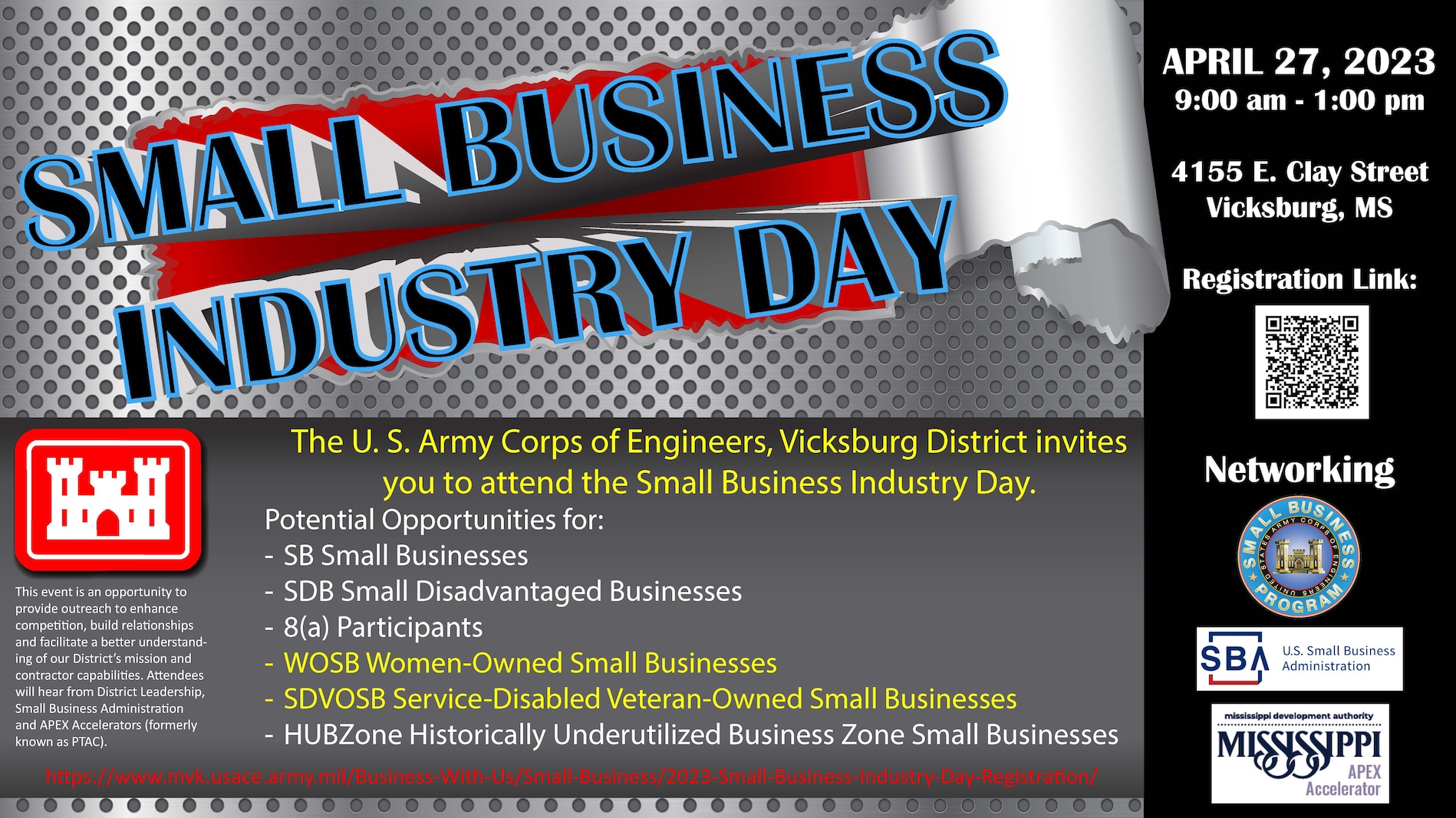 The U. S. Army Corps of Engineers, Vicksburg District invites
you to attend the Small Business Industry Day.