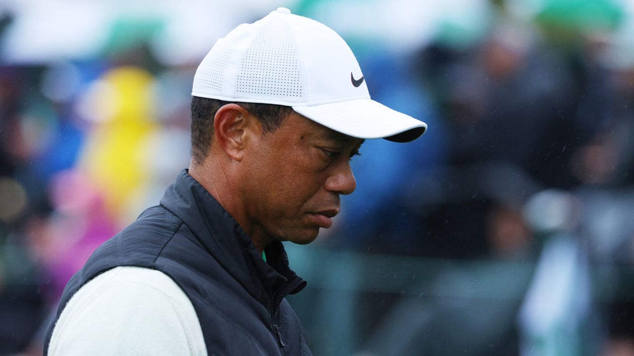 Golf - The Masters - Augusta National Golf Club - Augusta, Georgia, U.S. - April 8, 2023
Tiger Woods of the U.S. reacts after holing his bogey putt on the 17th green during the second round REUTERS/Brian Snyder