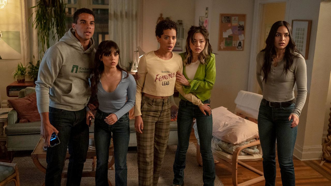 Mason Gooding, Jenna Ortega, Jasmin Savoy Brown, Devyn Nekoda and Melissa Barrera in "Scream VI."