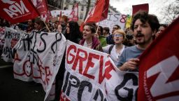 Protesters march during a rally in Paris, Thursday, march 23, 2023. French unions are holding their first mass demonstrations Thursday since President Emmanuel Macron enflamed public anger by forcing a higher retirement age through parliament without a vote. (AP Photo/Christophe Ena)