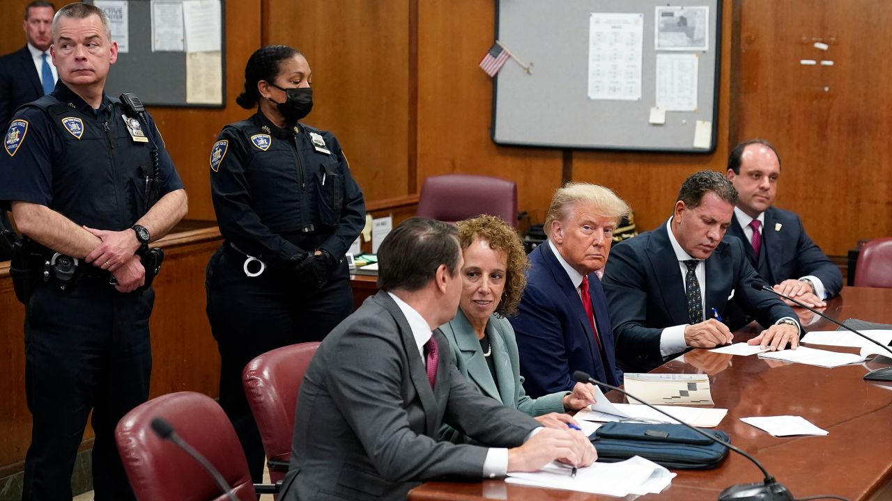 Former President Donald Trump sits at the defense table with his defense team in a Manhattan court, Tuesday, April 4, 2023, in New York. Trump is set to appear in a New York City courtroom on charges related to falsifying business records in a hush money investigation, the first president ever to be charged with a crime. (AP Photo/Seth Wenig)