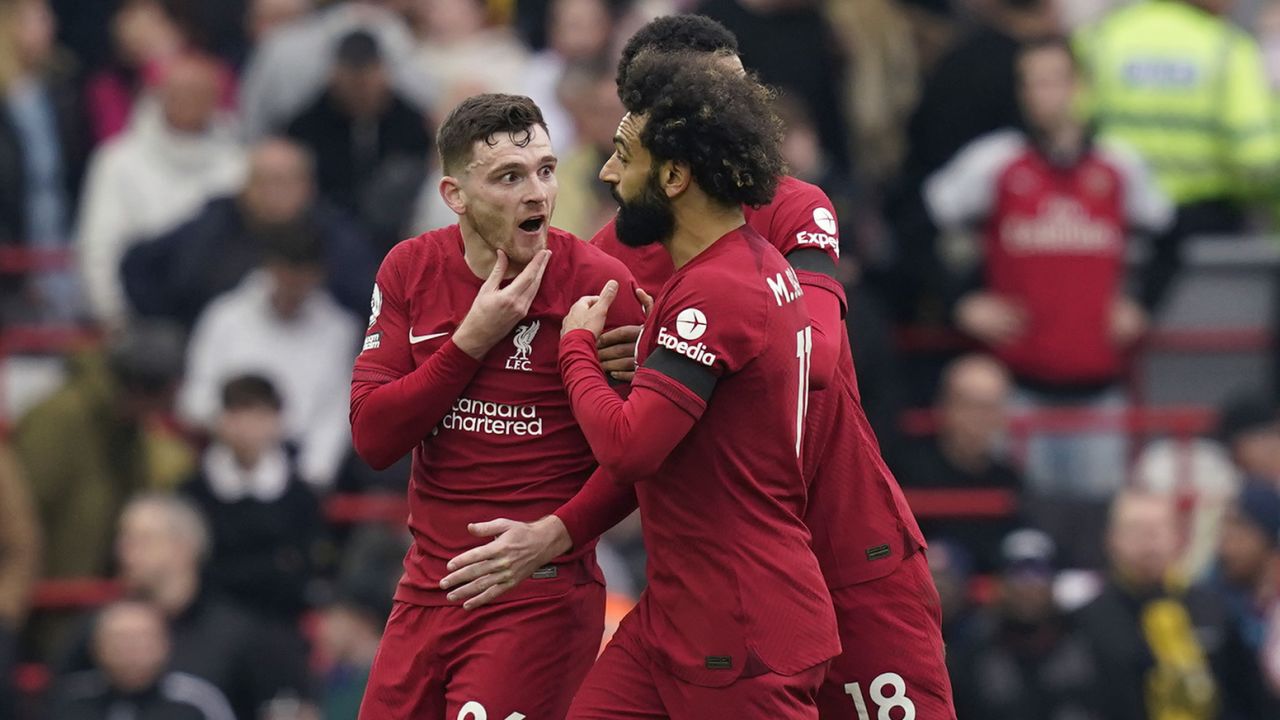 April 9, 2023, Liverpool: Liverpool, England, 9th April 2023. Andrew Robertson of Liverpool is held back by Mohamed Salah of Liverpool at half timeduring the Premier League match at Anfield, Liverpool. (Credit Image: Â© Andrew Yates/Sportimage/Cal Sport Media) (Cal Sport Media via AP Images)