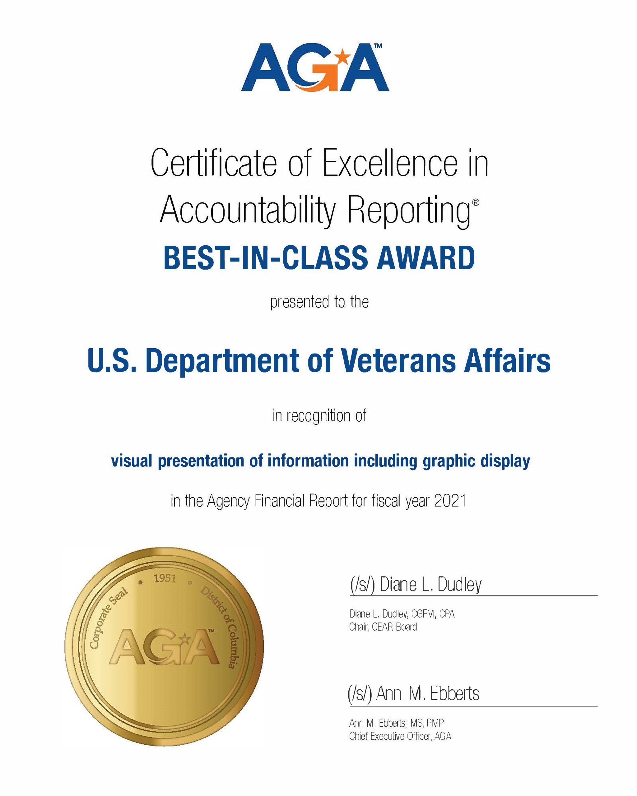 AGA Certificate of Excellence in Accountability Reporting Best in Class Award presented to the U.S. Department of Veterans Affairs in recognition of visual presentation of information including graphic display in the Agency Financial Report for fiscal year 2021