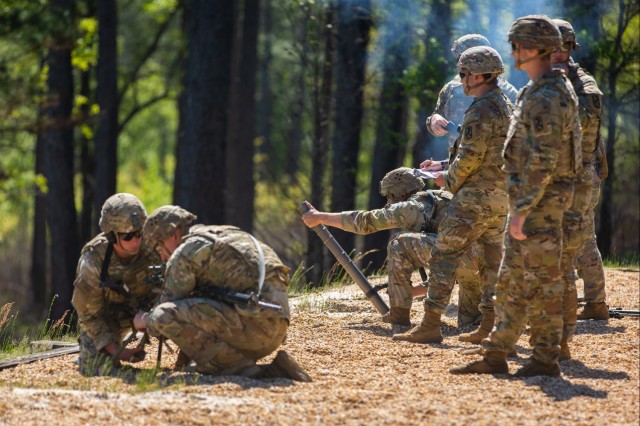 Soldiers from 1st Stryker Brigade Combat Team, 4th Infantry Division aim and shoot a handheld and bipod-stabilized 60mm mortar during the 2023 Best Mortar Competition at Fort Benning, Georgia, on April 11, 2023. Teams were assessed on their ability to quickly employ effective indirect fires on day two of the competition. 