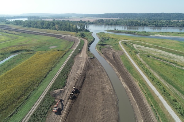 Aerial view of levee setback construction progress along L-536.