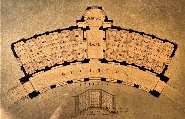 1940s-era floor plan of VA's first and only indoor columbarium at Los Angeles National Cemetery. The diagram helped visitors locate the niche holding the cremated remains of their loved one. (NCA)