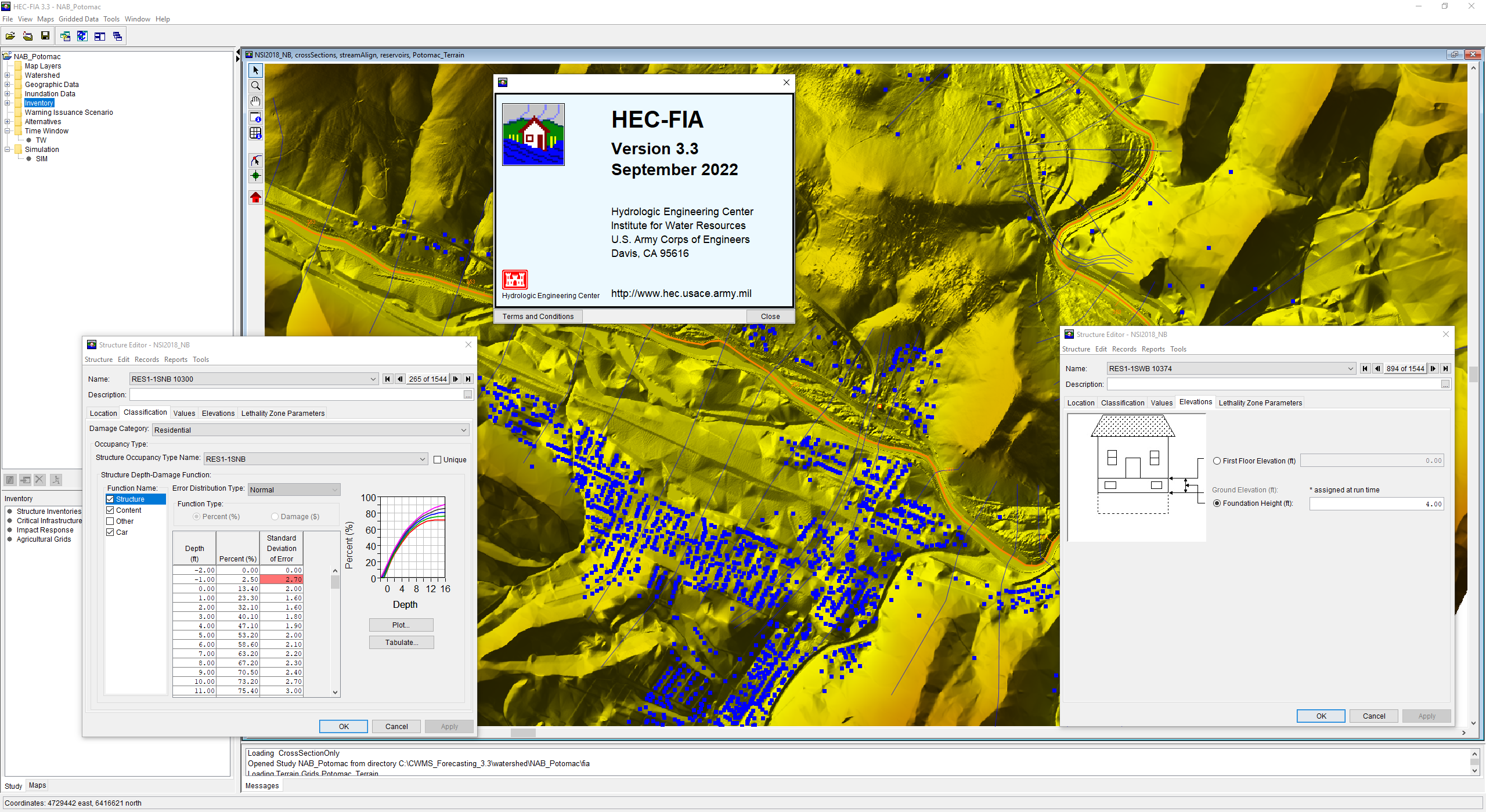 HEC-FIA is a tool to help identify the consequences from a single flood event. The consequences HEC-FIA computes include economic losses (losses to structures and their contents), agricultural losses, and expected life loss from these hydraulic events. HEC-FIA is also used to compute flood damages reduced by reservoirs and levees within CWMS.