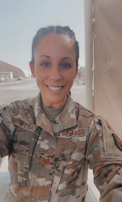 U.S. Air Force Reserve Master Sgt. and USACE Buffalo District Emergency Management Specialist Amory Schwartz during a recent deployment to the Middle East in support of her reserve unit's Emergency Management mission. (U.S. Army photo by Amory Schwartz)