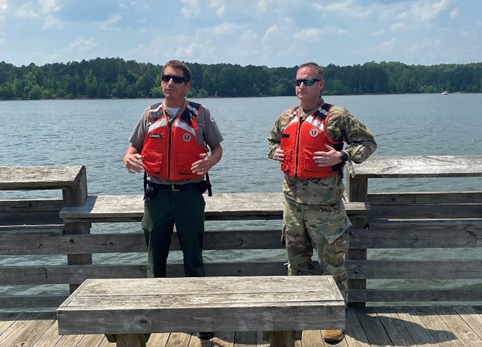 Major Rob Burnham and Ranger David Schwartz filming a water safety video at Falls Lake