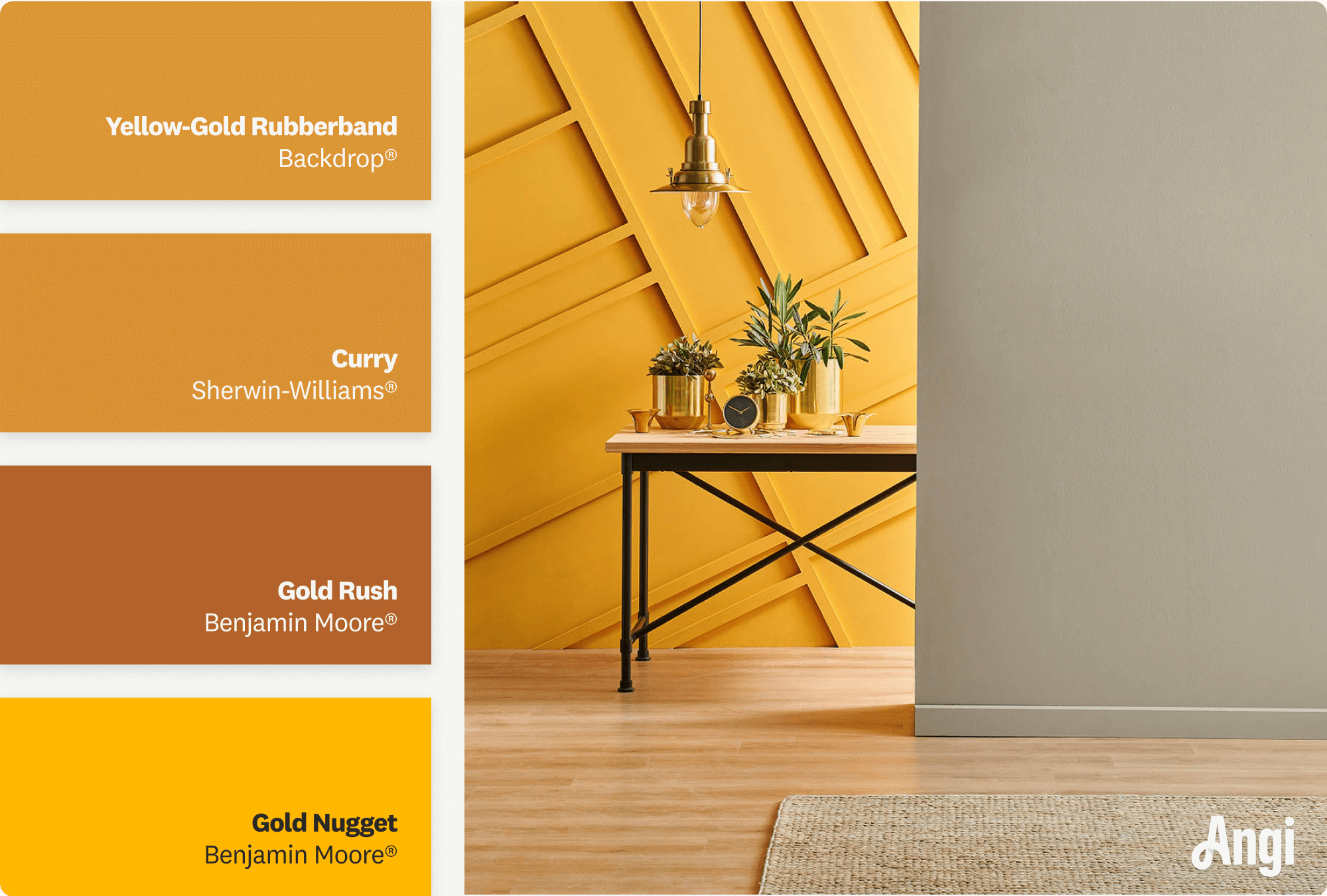 Orange gold accent wall in home, including different tones of orange gold paint