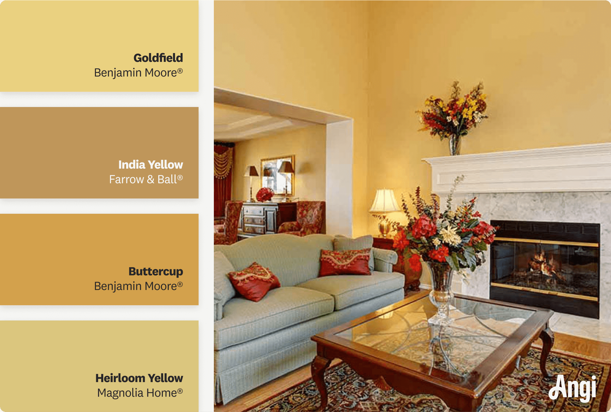 Yellow gold living room with fireplace, including different tones of yellow gold paint