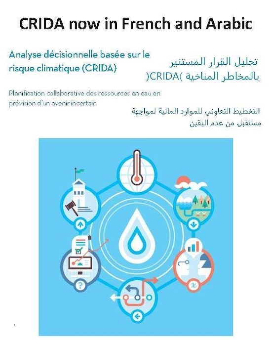 Pictured is an edited combined cover of the French and Arabic translations. The top of the image reads, "CRIDA now in French and Arabic", with French and Arabic text, along with an image of the primary graphic depicted on the CRIDA document. The primary image reflects a drop of water, along with graphics surrounding the drop that are associated with water challenges.