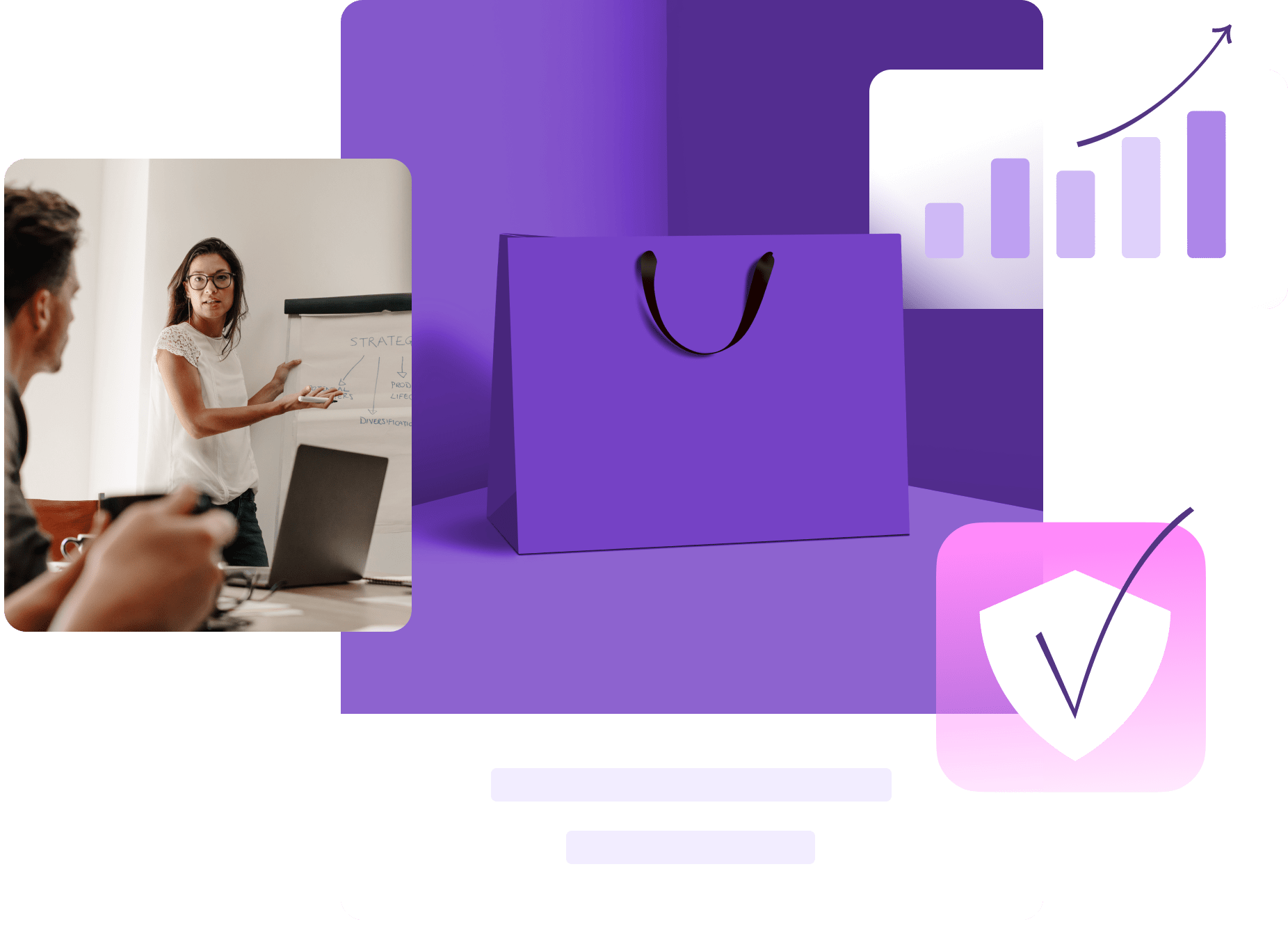 Illustration with shopping bag, stats interface, and a woman presenting