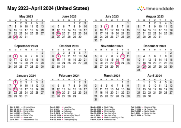 Calendar for 2023 in United States