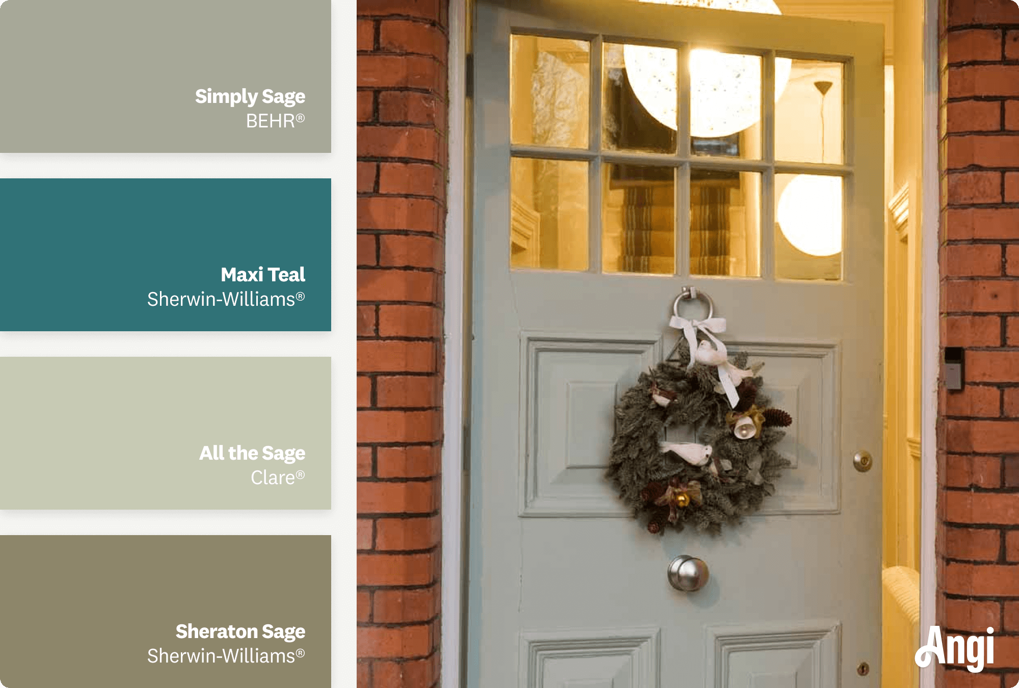 The exterior of a red brick house with a sage door, including different tones of sage paint