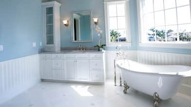 Luxury master bathroom with free standing bath tub