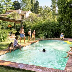 Family relaxing and watching children playing and swimming in backyard pool