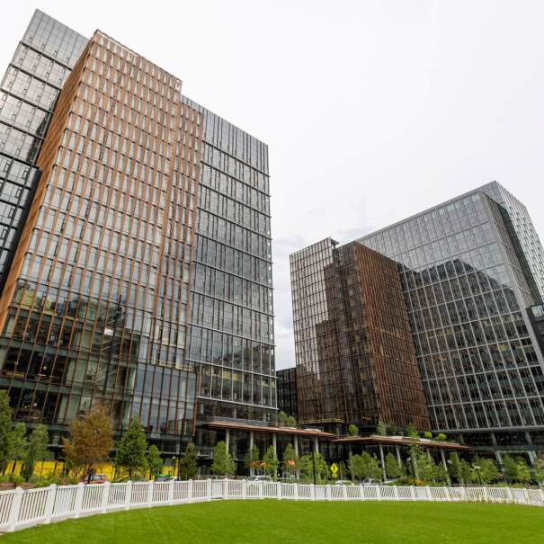 A photo of Amazon HQ2 Metropolitan Park’s two 22-story office buildings in Arlington, Virginia.