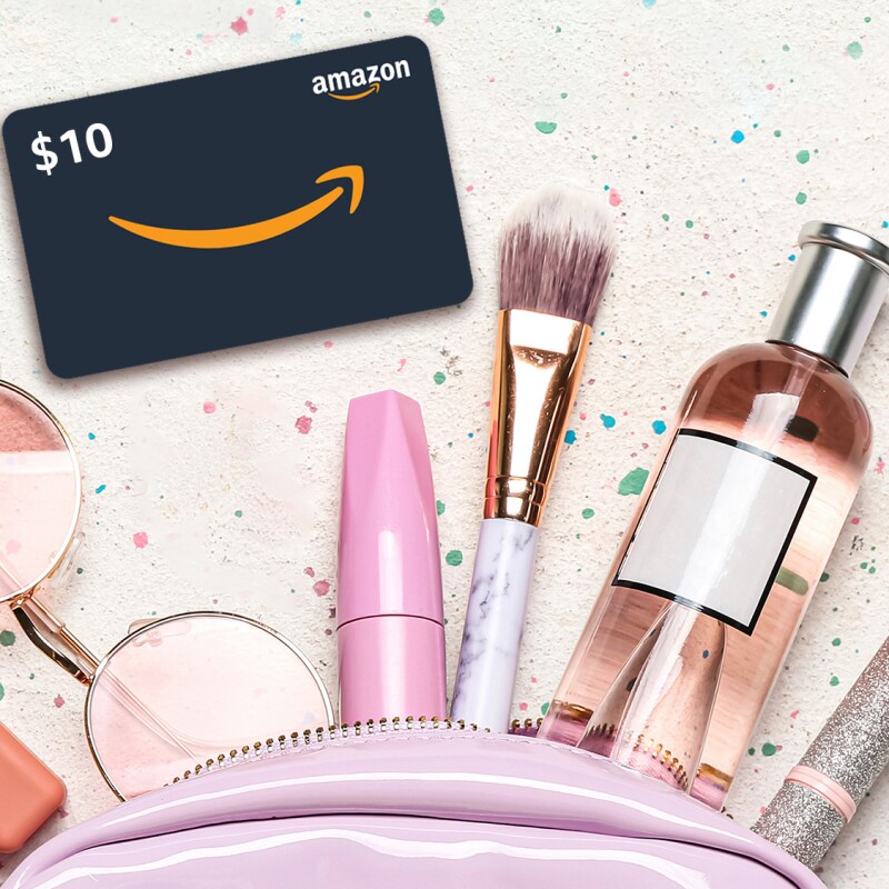 An image of miscellaneous beauty products coming out of a pink pouch and a $10 Amazon gift card that includes the smile logo. The background is cream colored with splashes of paint. 