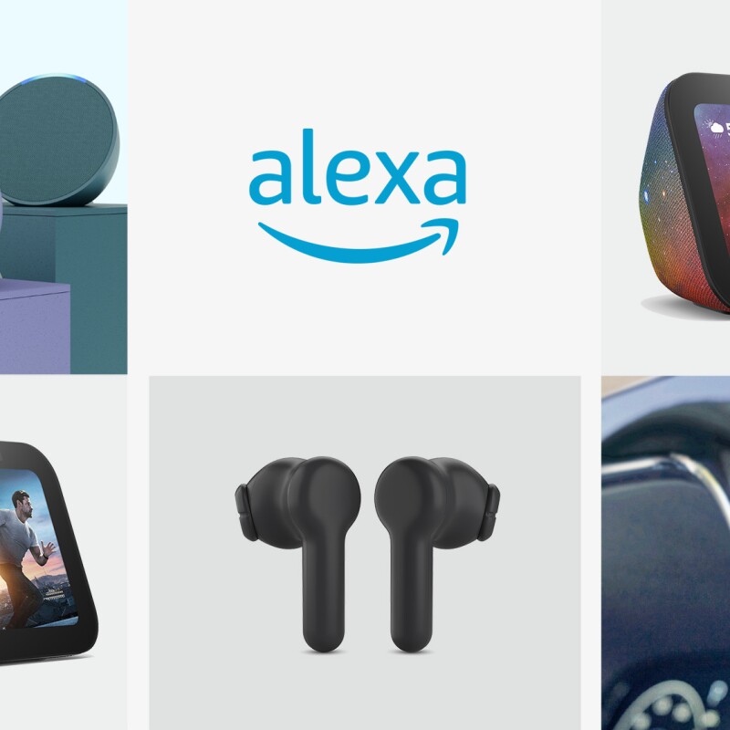 A collage of Amazon devices and the Alexa logo in the top center. 