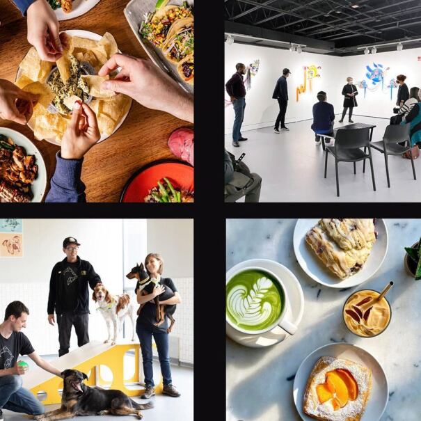 A photo grid displaying six photos of goods and services provided by local retailers located at Amazon's HQ2 in Arlington, Virginia.