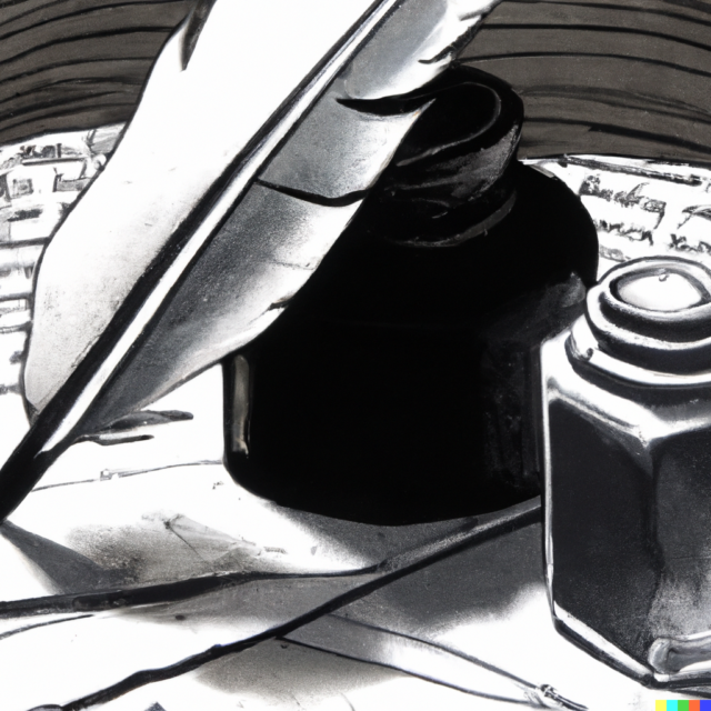 DALL-E image of quill, ink pot, and paper with writing on it. 