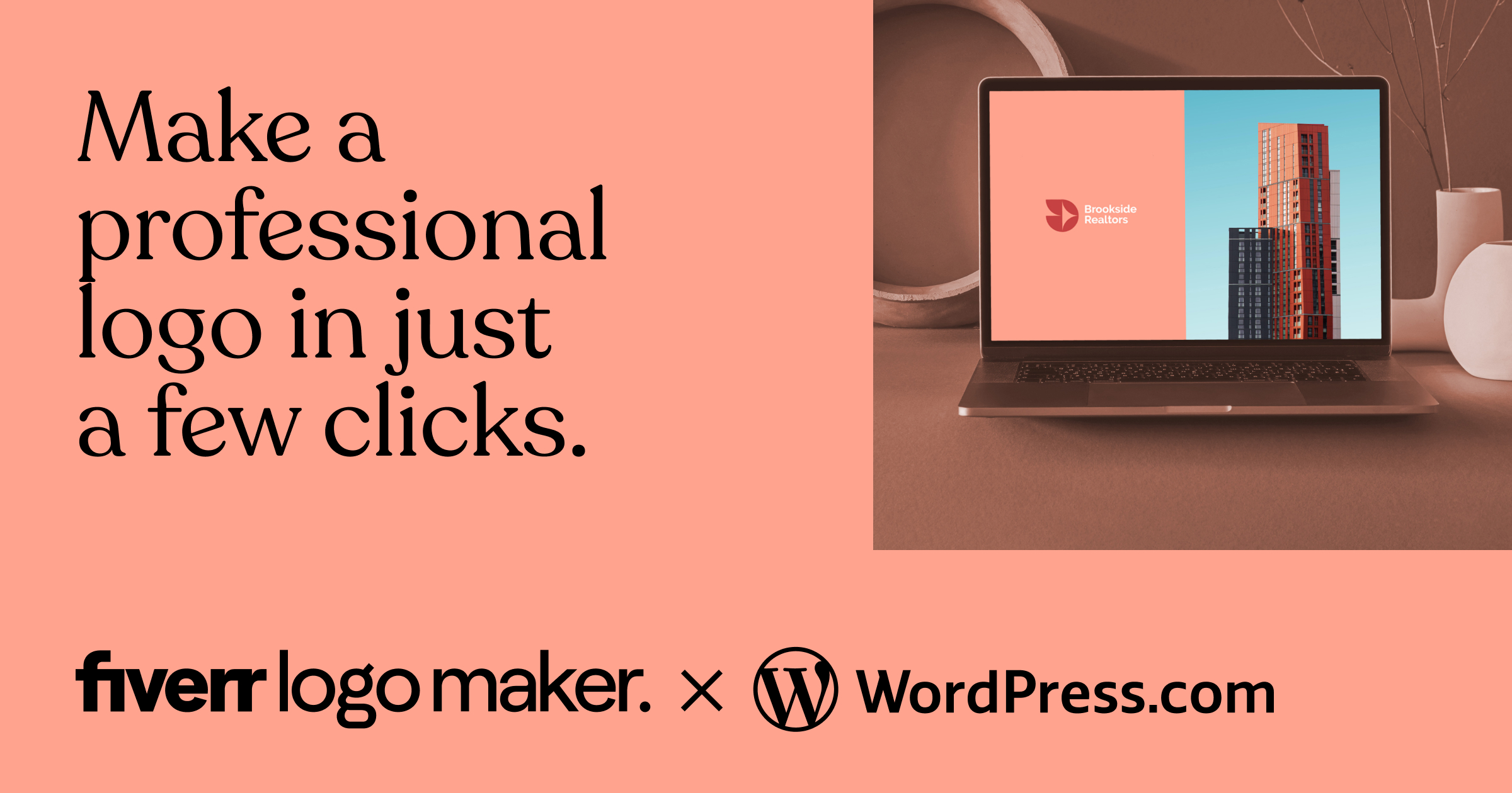 Headline reads "Make a professional logo in just a few clicks." The logos for Fiverr Logo Maker and WordPress.com are in the bottom left. A picture of a laptop show a website with a snazzy logo is on the right.