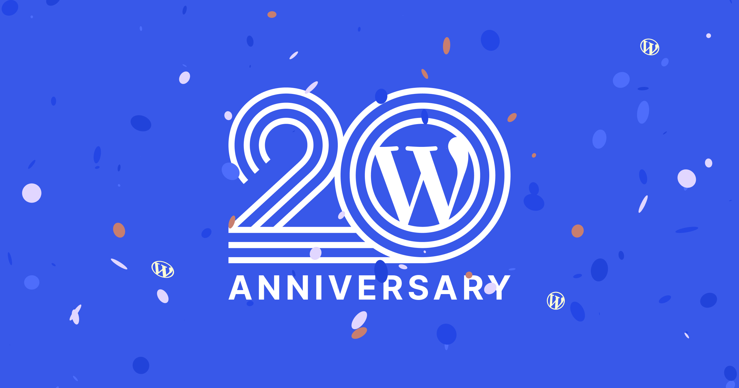 The WordPress logo in the zero of a large number 20, with the word "Anniversary" written below. Small WordPress logo circles display like confetti all over the image.