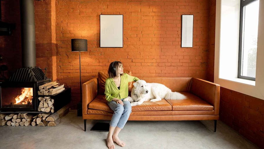 Woman and dog sitting on a leather couch
